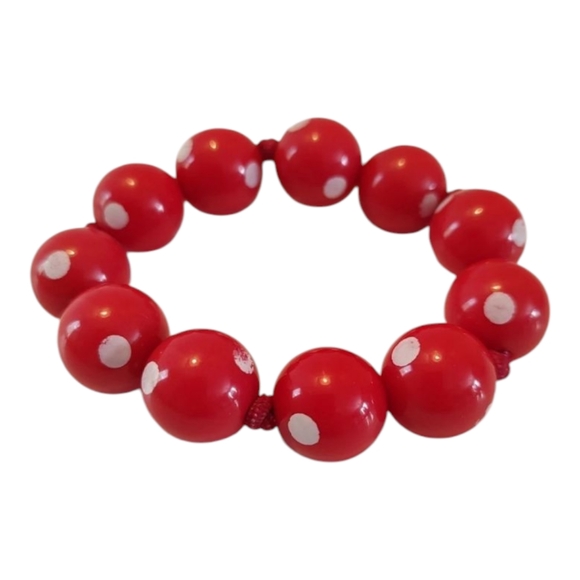 Red Jumbo Beaded Bracelet White Polka Dots Knotted Elastic Band Fashion Costume - Picture 1 of 16